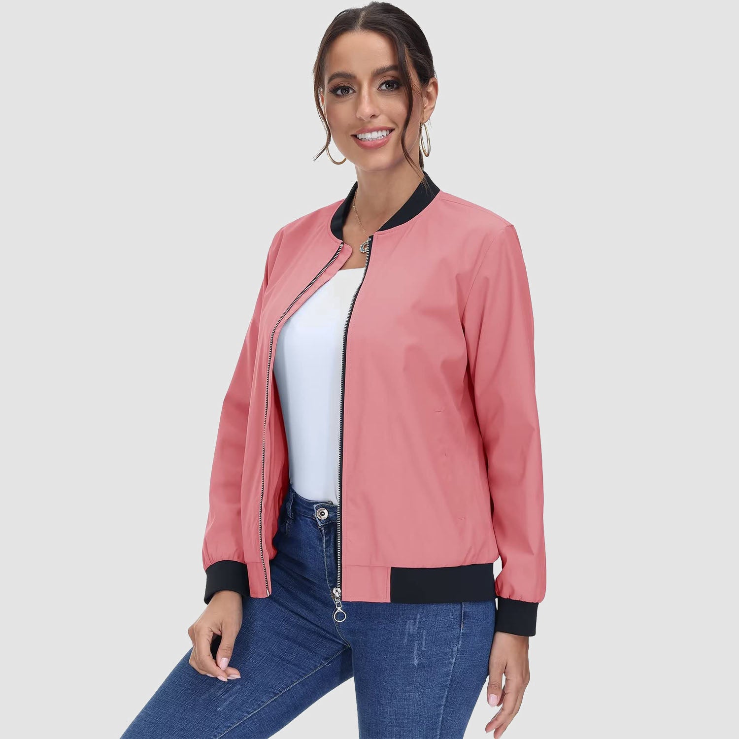 Women's Bomber Jacket Casual Zip Up Lightweight Coat Outerwear Windbreaker